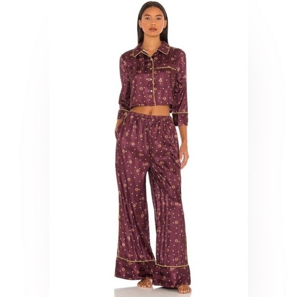 Free People Intimately Pajama Party Floral Wine Satin Pajama Set Medium Rare